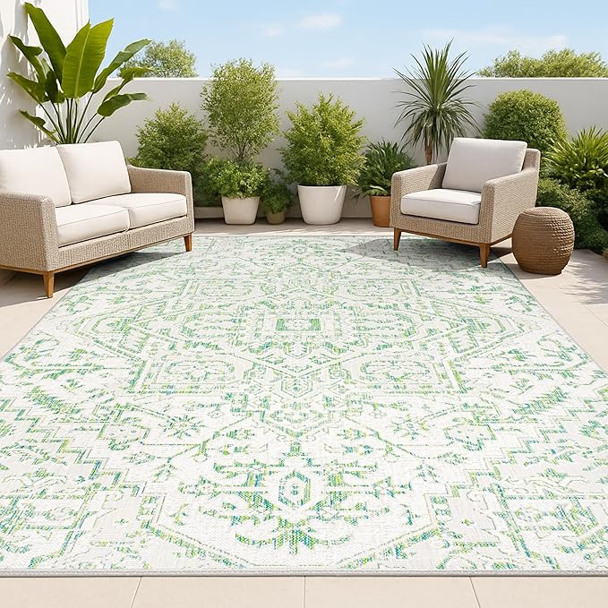 JONATHAN Y Boho Medallion Indoor Outdoor Area Rug 4X6 Green/Cream, Estrella Textured Weave for Ba... | Amazon (US)