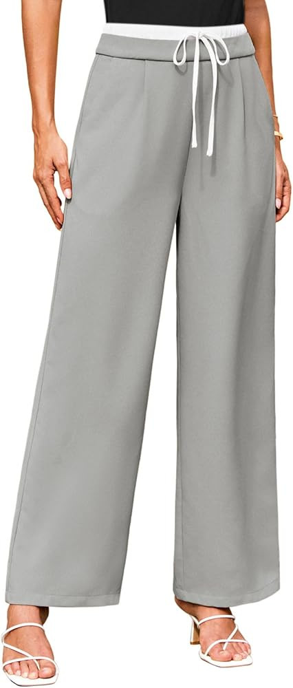 GRACE KARIN Women's Pant Wide Leg Color Block Elastic Drawstring Waist Pants for Women with Pocke... | Amazon (US)