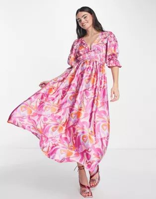 ASOS DESIGN satin gathered detail plunge neck midi dress in pop swirl | ASOS (Global)