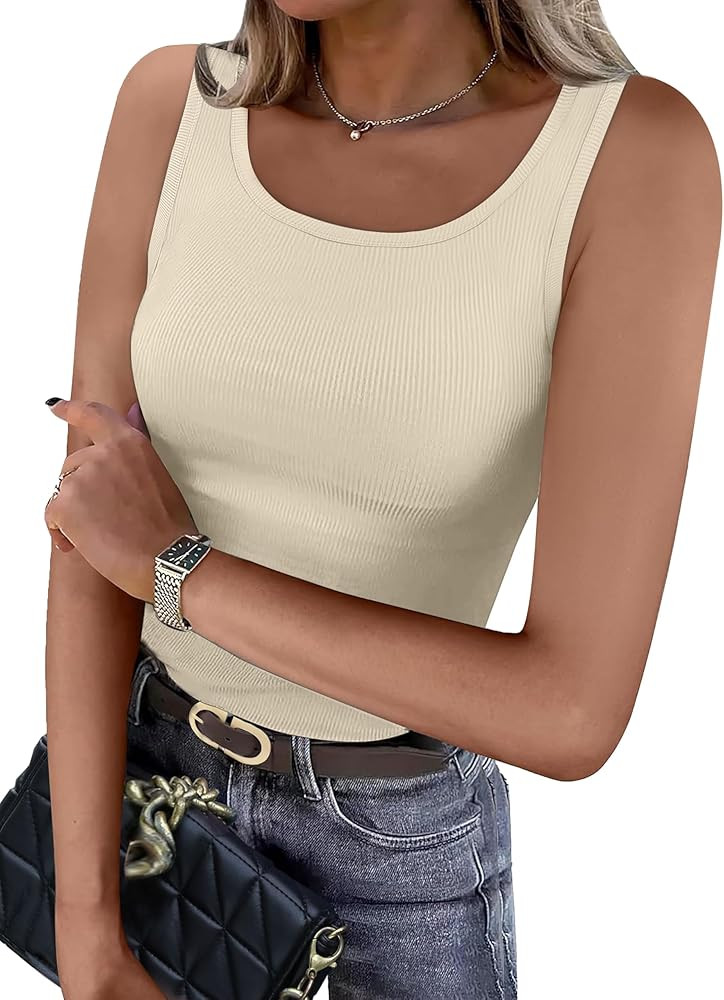 WIHOLL Womens Ribbed Tank Tops 2025 Summer Scoop Neck Slim Fitted Tops Casual Basic Knit Sleevele... | Amazon (US)