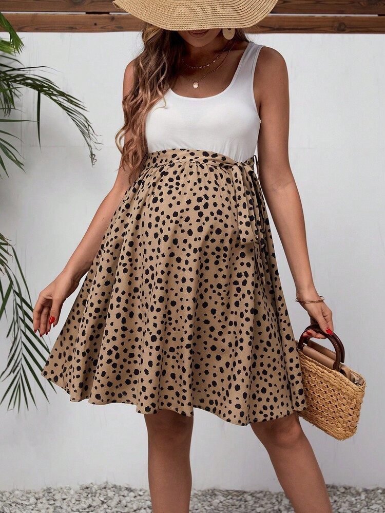 SHEIN Maternity Dalmatian Print Belted Dress | SHEIN