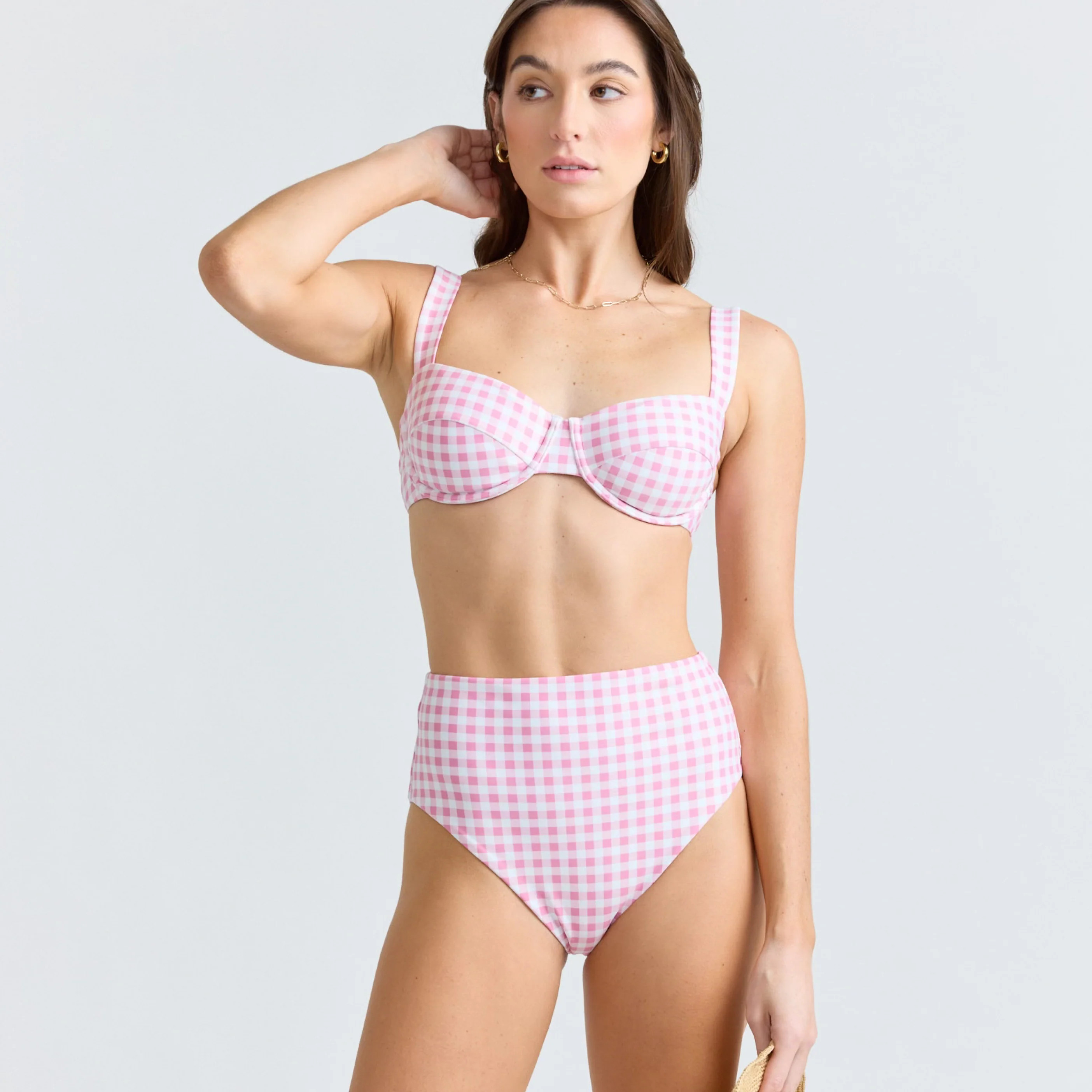 women's blush gingham high waist bikini bottom | Minnow