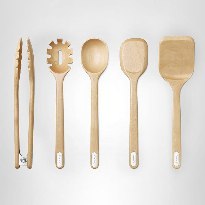 Caraway Wooden Utensil Set - 5 Piece Cooking Utensil Set - Spoon, Server, Scraper, Spatula, & Ton... | Amazon (US)