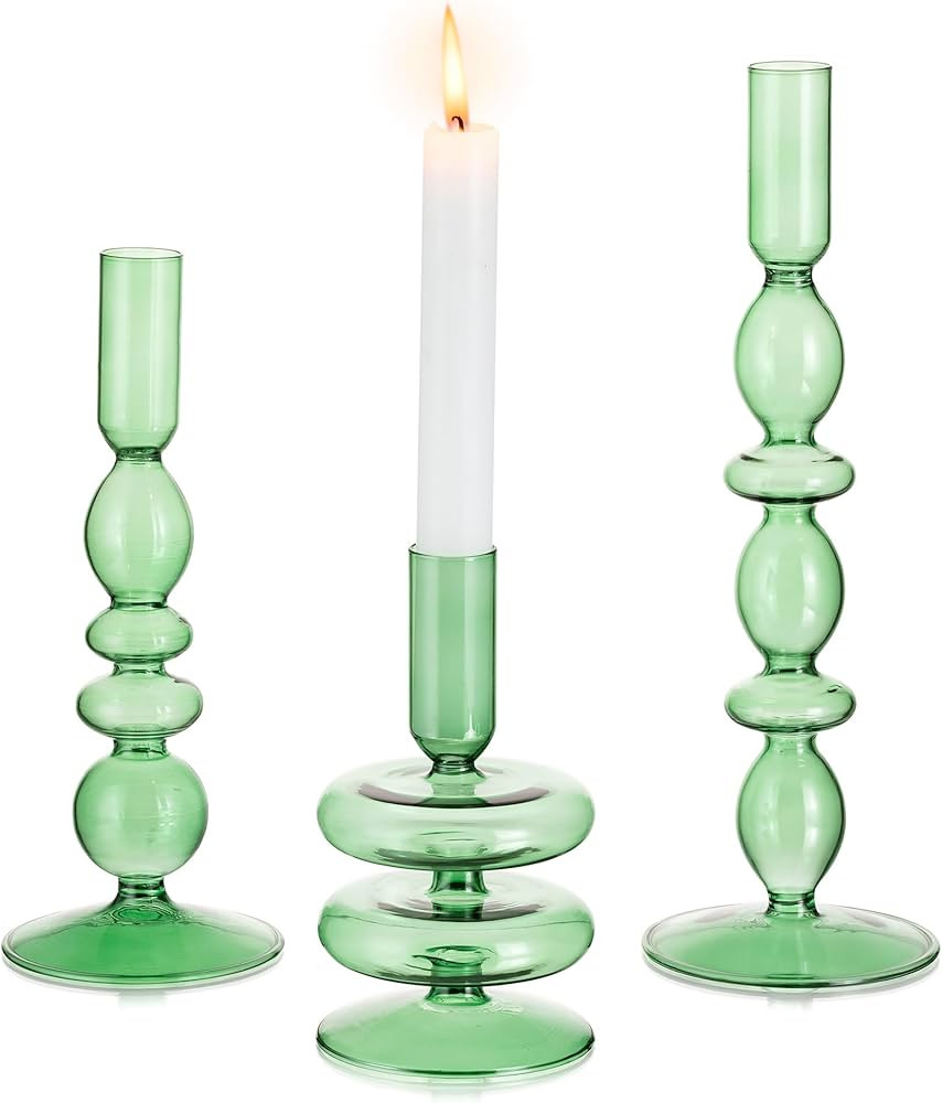 Glasseam Green Glass Candle Holders: Tapered Candlestick Holders Set of 3, Modern Candle Stick Ho... | Amazon (US)