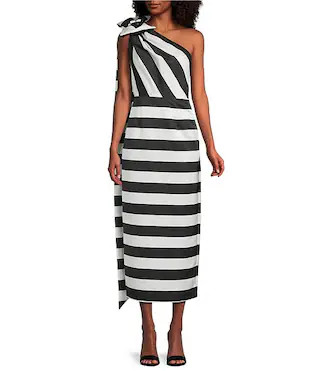 Trina Turk Romance Satin Stripe Print One Shoulder Sleeveless Bow Dress | Dillard's | Dillard's
