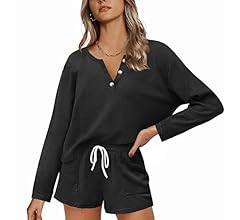 Ekouaer Women's Waffle Knit Pajama Sets Long Sleeve Top and Shorts Two Piece Outfits Sweatsuits w... | Amazon (US)