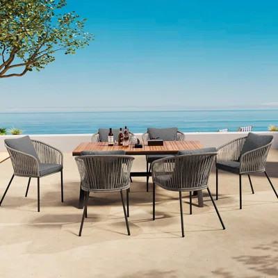 7 Pieces Patio Dining Set, All-Weather Outdoor Furniture Set With Dining Table And Chairs, Acacia Wood Tabletop, Metal Frame, For For Garden, Backyard | Wayfair North America