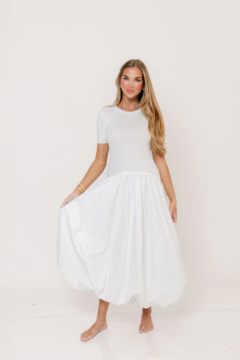 Zaniyah Bubble Skirt Midi Dress in White | Worth Collective