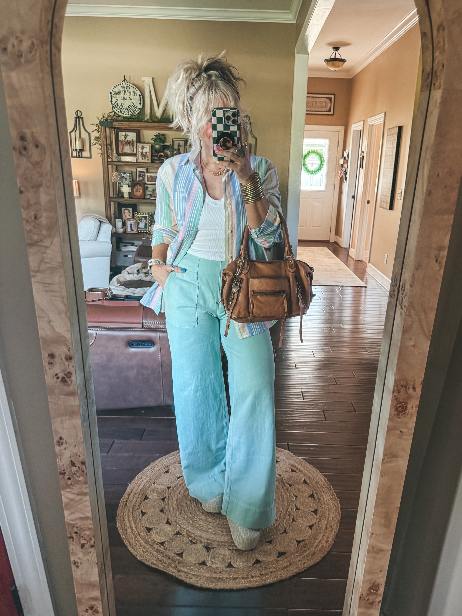 Saturday night fit 
•Walmart men’s button down Medium 
•Mint green pull on jeans - sized down to a Small
•Crocs sized down 


#LTKgrwm #LTKOver40 #LTKootd