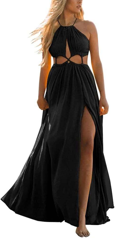 Womens Cutout Halter Tie Maxi Dress Flowy Boho Beach Summer Sexy Midi Dress Side Slit Long Dresses | Amazon (US)