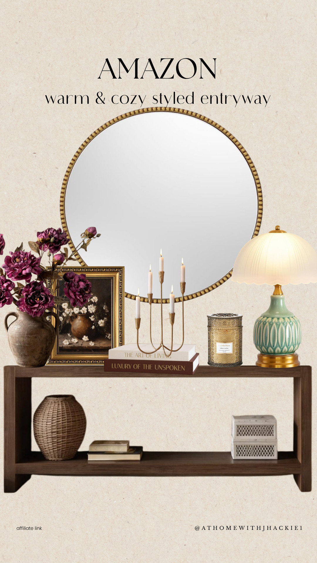 Amazon entryway decor, warm cozy entryway, entryway decor ideas, Amazon home decor, fall entryway decor, console table styling, entryway table decor, round gold mirror, vintage inspired home decor, burgundy floral arrangement, cozy fall decorating, moody fall decor, decorative table lamp, brass candle holders, dark wood console table, traditional home decor, warm neutral interiors, collected home aesthetic, cozy entryway ideas, Amazon home finds

#LTKHome