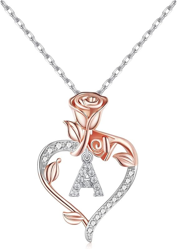 EleShow Initial Necklaces for Women Girls - Rose with Heart Letter Pendant Necklace, Personalized... | Amazon (US)