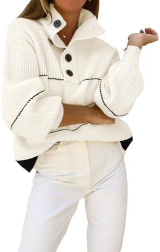 CHARTOU Women's Waffle Knit Knitwear Slouchy Striped Polo Collared Long Sleeve Pullover Sweater T... | Amazon (US)