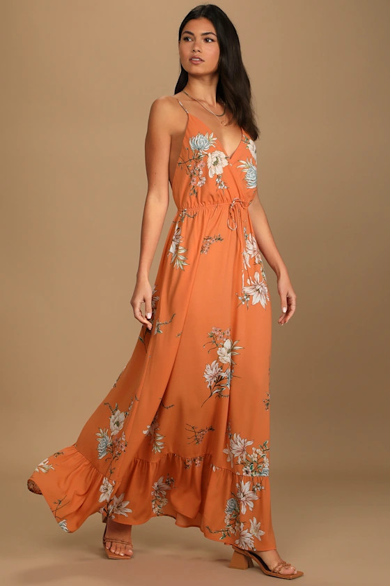 Endless Vacay Orange Floral Print Surplice Maxi Dress | Lulus (US)