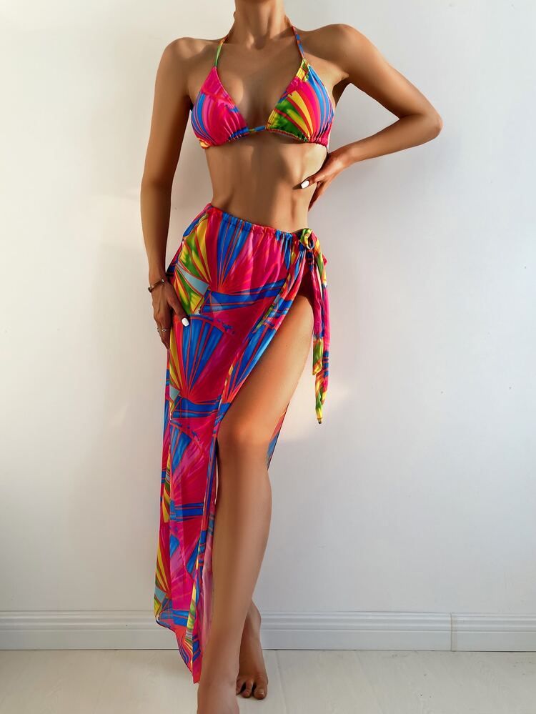 3pack Allover Graphic Triangle Bikini Swimsuit | SHEIN