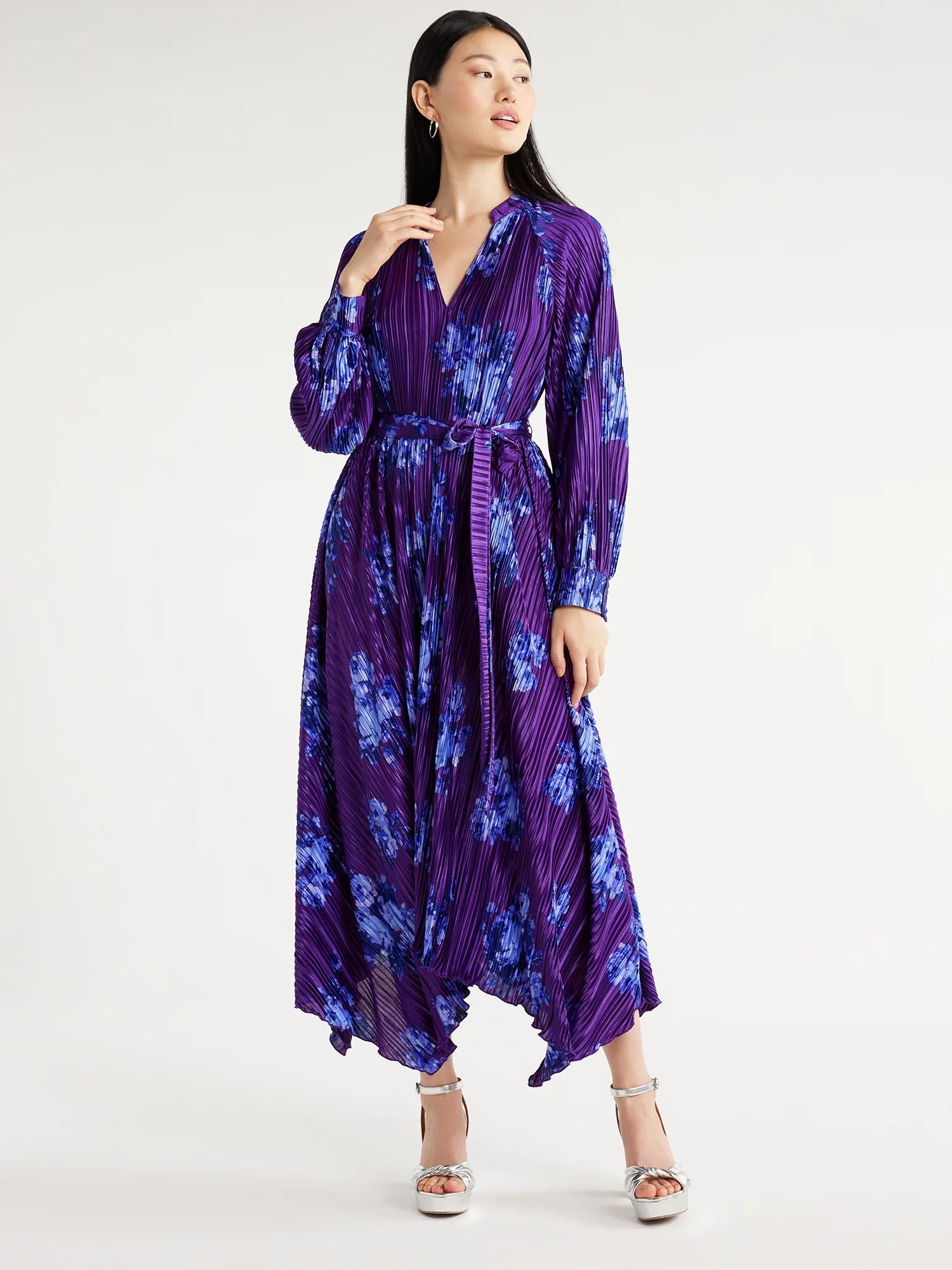 Scoop Women's Long Sleeve Plisse Midi Dress with Handkerchief Hem, Sizes XS-XXL - Walmart.com | Walmart (US)