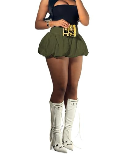 Shiyinvie Olive Green Bubble Mini Skirt, Bubble Hem Skirts for Women, Mini Balloon Skirts for Women, Green Bubble Mini Skirt, Women Y2k Solid Color Pleated Bubble Mini Skirt (Olive Green, S) | Amazon (US)