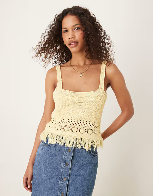 ASOS DESIGN knitted crochet top with fringing in buttermilk yellow | ASOS | ASOS (Global)