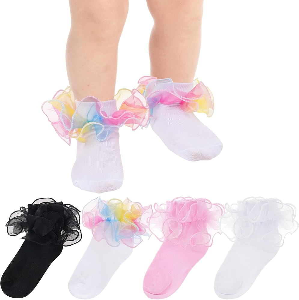 4 Pairs Baby Girls Ruffle Socks Double Lace Frilly Turn Cuff Cotton Dress Socks for Toddler Kids | Amazon (US)
