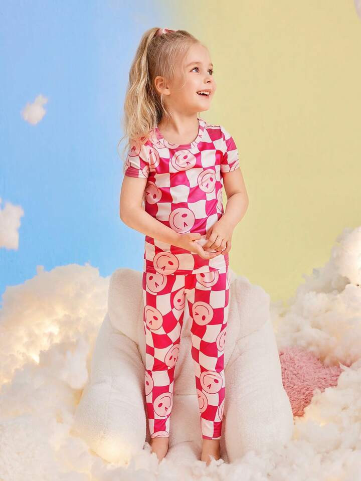 Young Girls' Smiling Face Print Round Neck Short Sleeve Top With Long Tight Pants, Home Wear | SHEIN