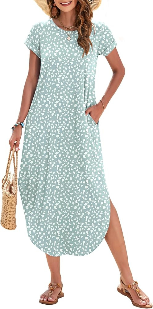 WNEEDU Womens Summer Dresses Casual Loose Short Sleeve Long T Shirt Dress Split Maxi Beach Sundre... | Amazon (US)