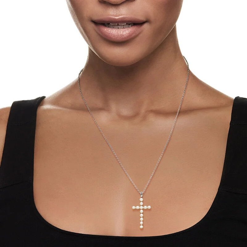 3.5-4mm Cultured Pearl Cross Pendant Necklace in Sterling Silver. 18" | Ross-Simons