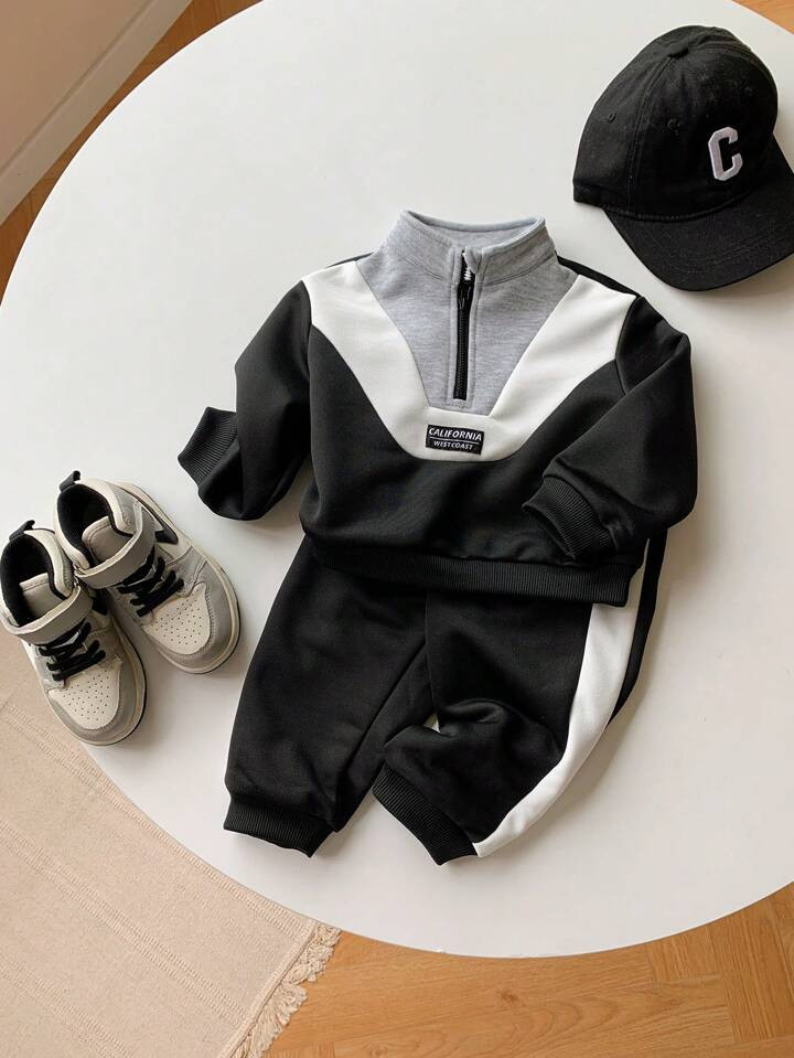 SHEIN Baby Boy 2pcs Color Block Casual Long Sleeve Hoodie & Sweatpants Set, Warm Fleece Lining, S... | SHEIN