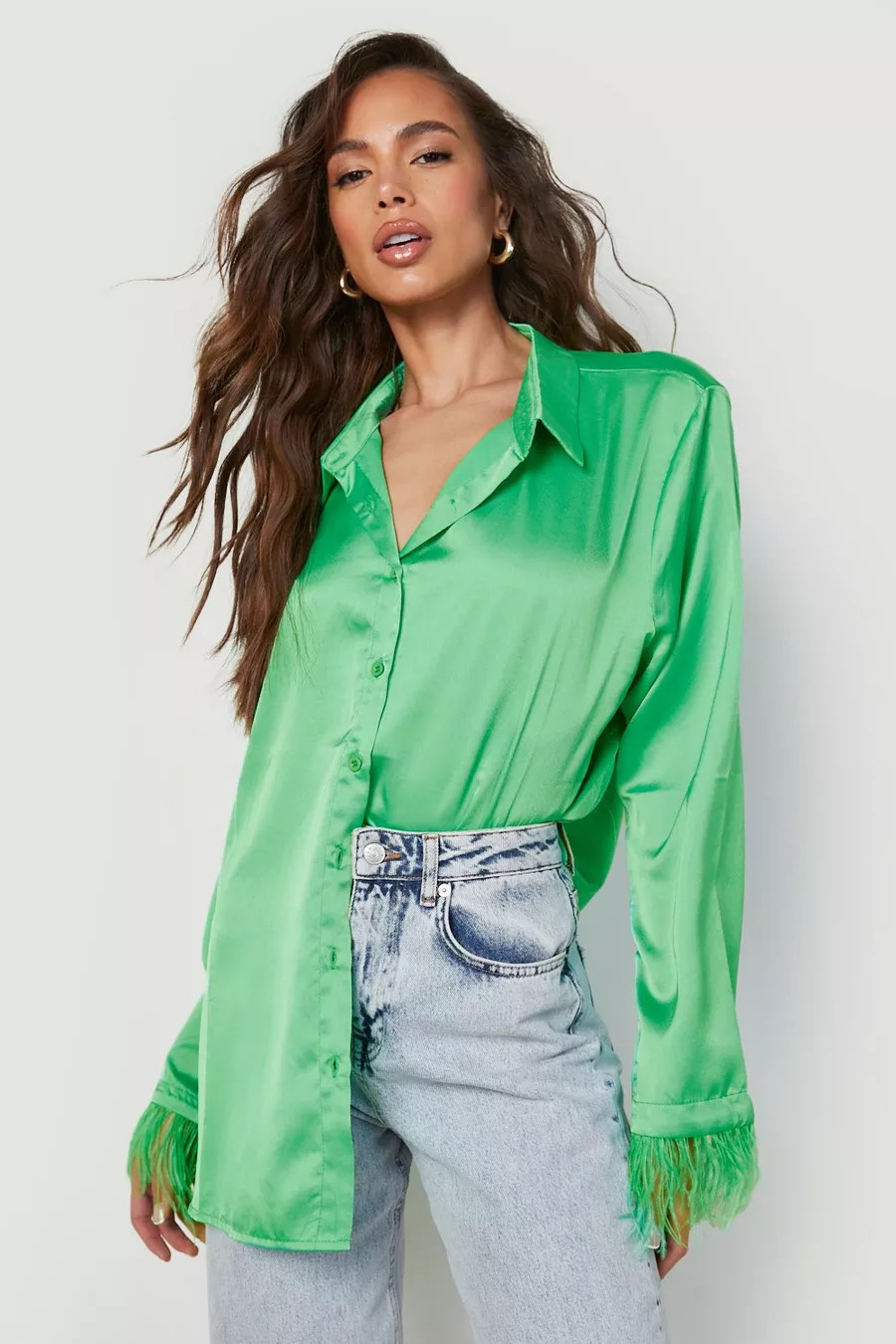 Green Feather Cuff Detail Satin Shirt | Boohoo.com (UK & IE)
