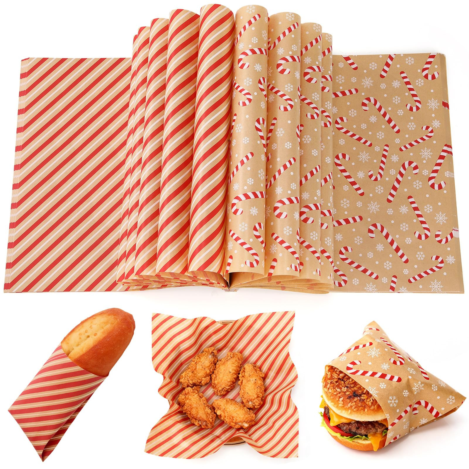 Maitys 200 Sheets Christmas Wax Paper Sheet for Food Christmas Candy Cane Snowflake Red Striped H... | Amazon (US)