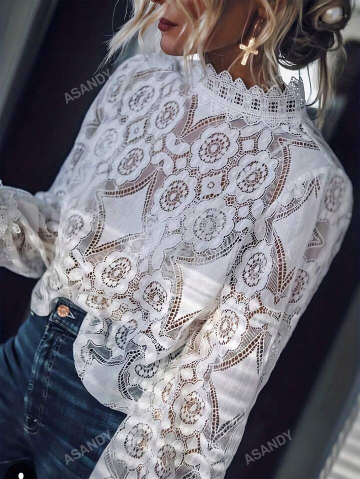 Women Stand Collar Patchwork Lace Long Sleeve Elegant Hollow Out Blouse | SHEIN