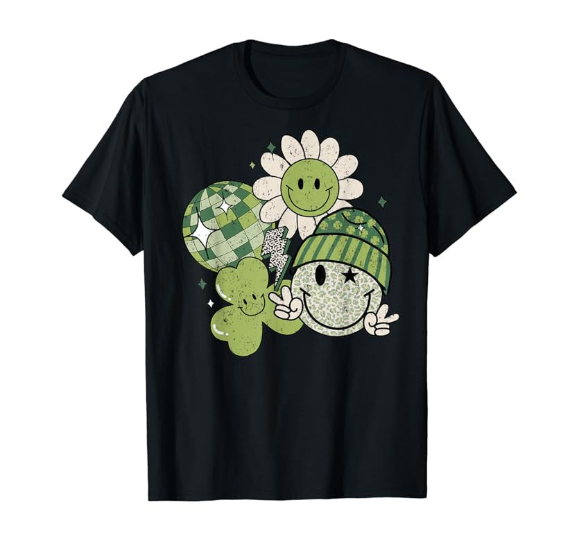 Hippie Shamrock Smile Face Retro Groovy St Patricks Day T-Shirt | Amazon (US)