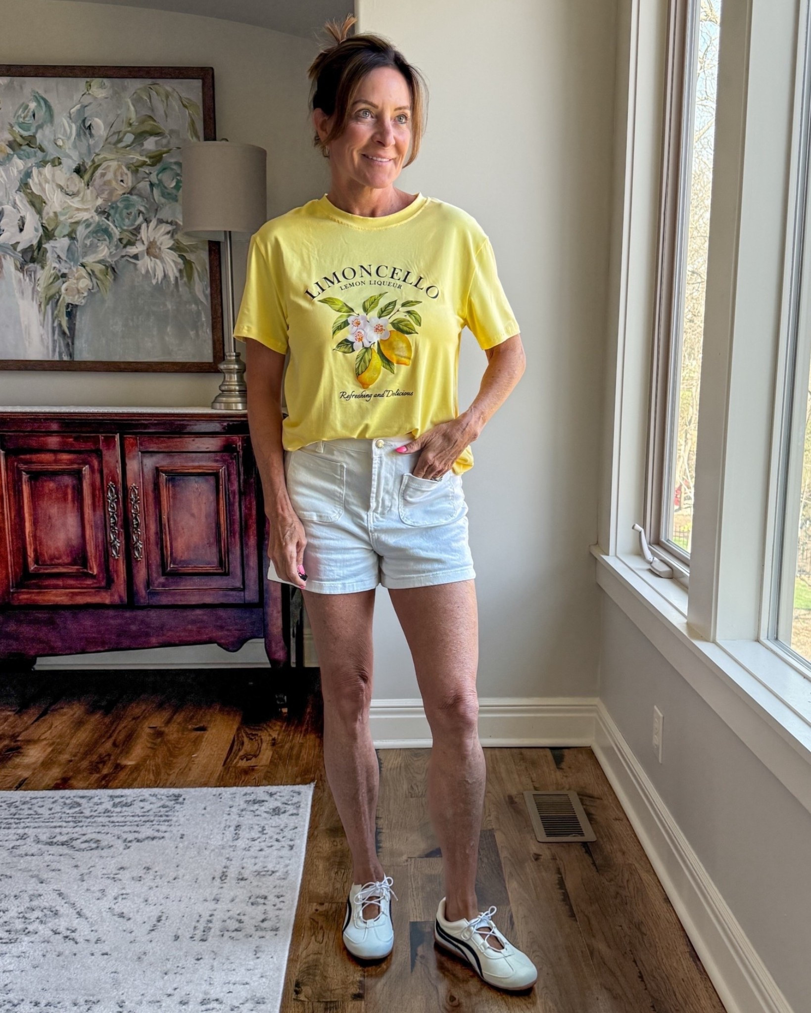 Yellow graphic tee with white denim shorts and Mary Jane sneakers

This is my easy summer uniform—light, casual, and those sneakers instantly make it feel a little more styled.

#casualsummer #over50style #everydayoutfit #summerstyle