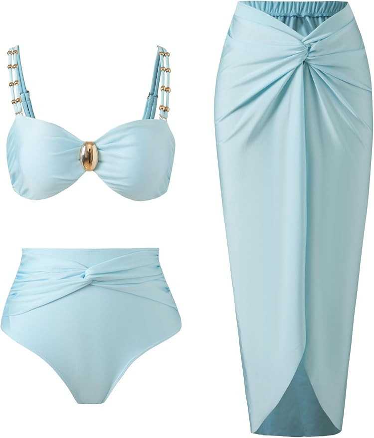 Women's One Piece Swimsuit with Cover up Set Beach Wrap Skirt Retro Bikini Set Two Piece Bathing ... | Amazon (US)