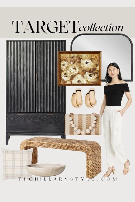 Target Collection: neutral home decor and fashion finds from Target. Black Cabinet, black fluted cabinet, wood display cabinet, waterfall woven bench, entry bench, end of bed bench, off the shoulder top, black top, cargo pants, white pants, strappy sandals, heeled sandals, gold hoop earrings, straw handbag, mini bag, accent pillow, marble fruit bowl, framed art, black arched mirror.

#LTKHome #LTKStyleTip #LTKSeasonal