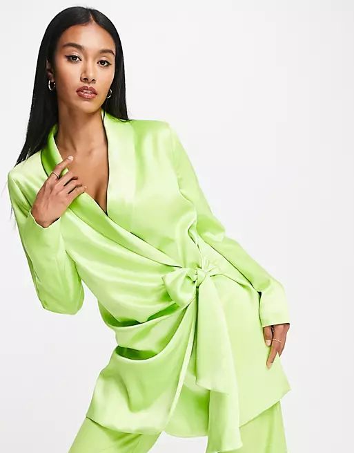 River Island satin belted blazer and tailored pants in green - part of a set | ASOS (Global)