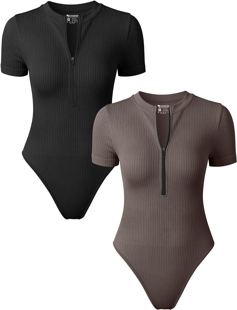 OQQ Women 2 Piece Bodysuits Short Sleeve Crew Neck Front Zips Stretch Basic Shirts Bodysuits | Amazon (US)