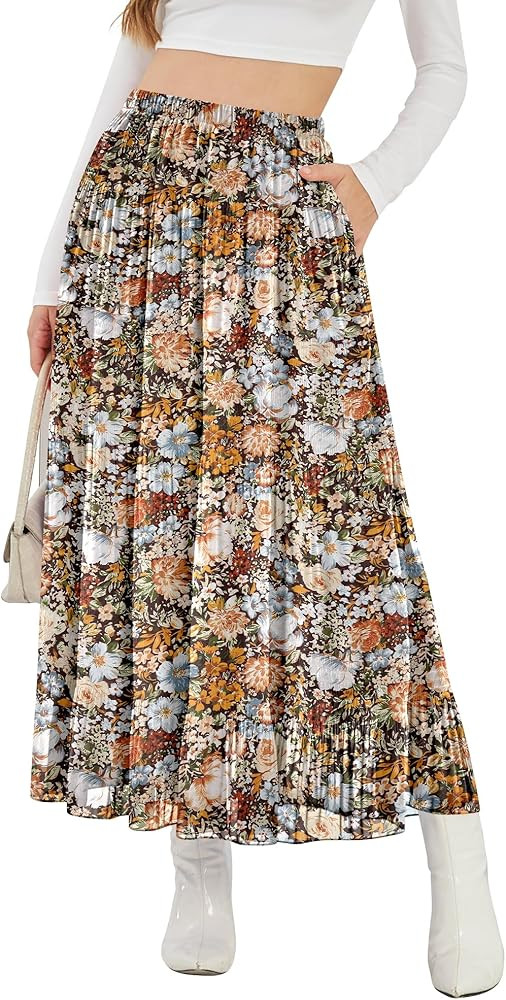 NASHALYLY Women's High Waisted Maxi Skirt,Elastic Chiffon Boho Long Skirt with Pockets | Amazon (US)