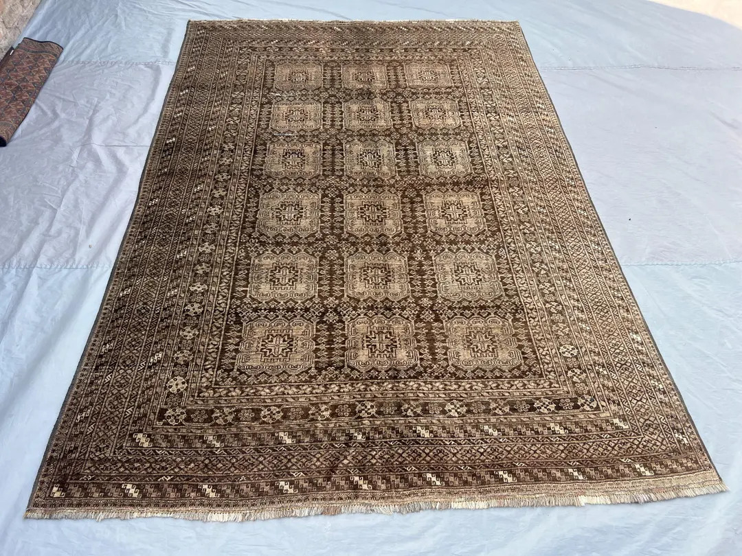 Afghan Turkoman Bukhara Rug | 7x10 Hand-Knotted Wool rug | Vintage Terracotta Faded Soft Pile Ele... | Etsy (US)