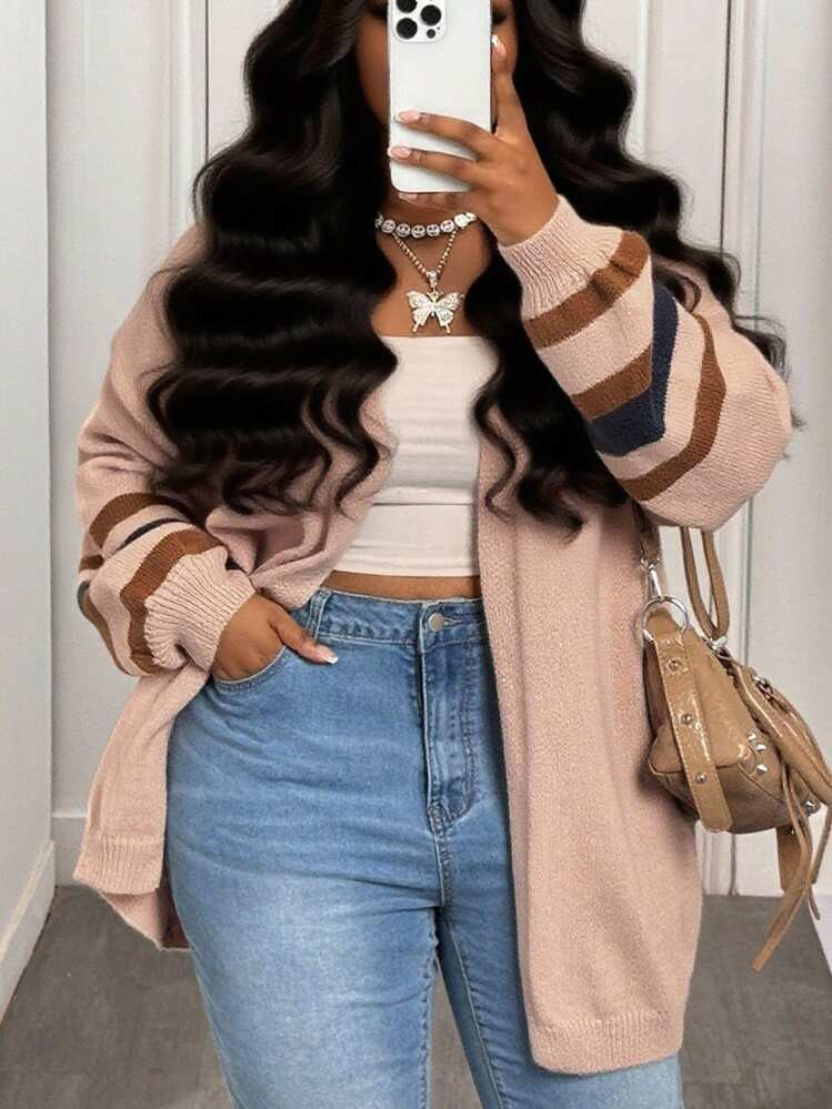 Colorblock Striped Knitted Cardigan | SHEIN