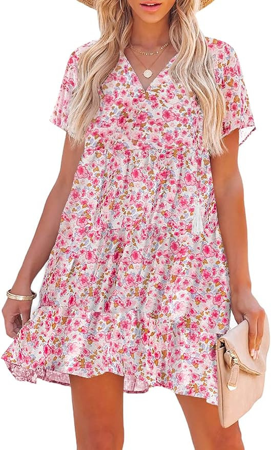 SHEWIN Women's Summer Floral Dress Casual V Neck Short Sleeve Ruffle Hem A-Line Boho Mini Dress | Amazon (US)