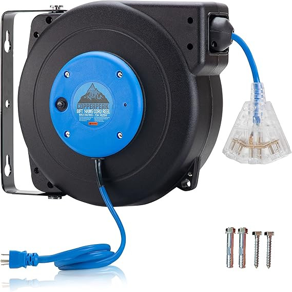 CopperPeak 50 ft Retractable Extension Cord Reel - Ceiling or Wall Mount - 14 gauge - Blue and Bl... | Amazon (US)