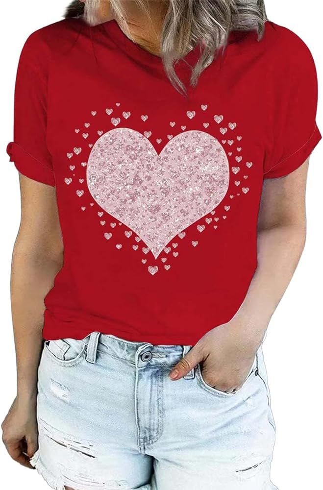 Womens Love Heart Leopard Print T-Shirts Casual Valentine's Day Gift Graphic Tees Tops | Amazon (US)