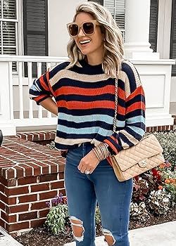 KIRUNDO Women’s Stripe Color Block Short Sweater Long Sleeve Stitching Color Crew Neck Loose Kn... | Amazon (US)