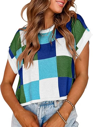 Saodimallsu Womens Cap Sleeve Crop Tops Summer Color Block Going Out Crew Neck Knit Trendy Casual... | Amazon (US)