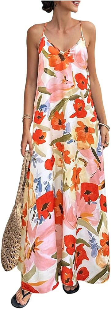 OYOANGLE Women's Floral Pearl Open Back Halter Dress Spaghetti Strap Sleeveless Flared Maxi Dress... | Amazon (US)