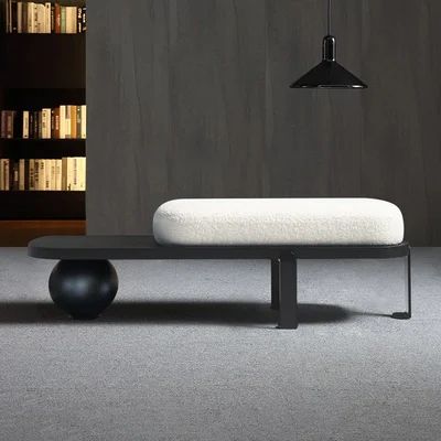 White & Black Wooden Entryway Bench Boucle Upholstered with Abstract Metal Legs-Homary | Homary