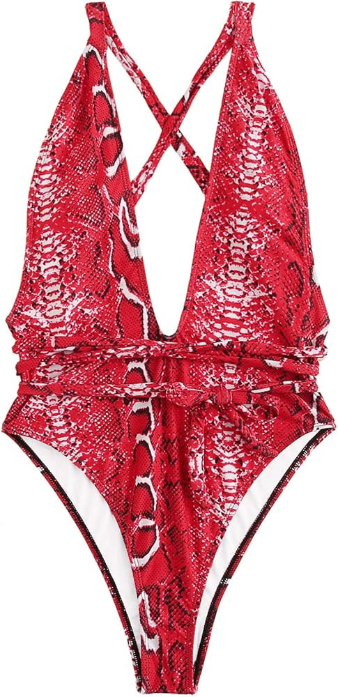 Women's Sexy Bathing Suits Criss Cross Tie Knot Front Deep V Open Back Leopard One Piece Swimwear | Amazon (US)