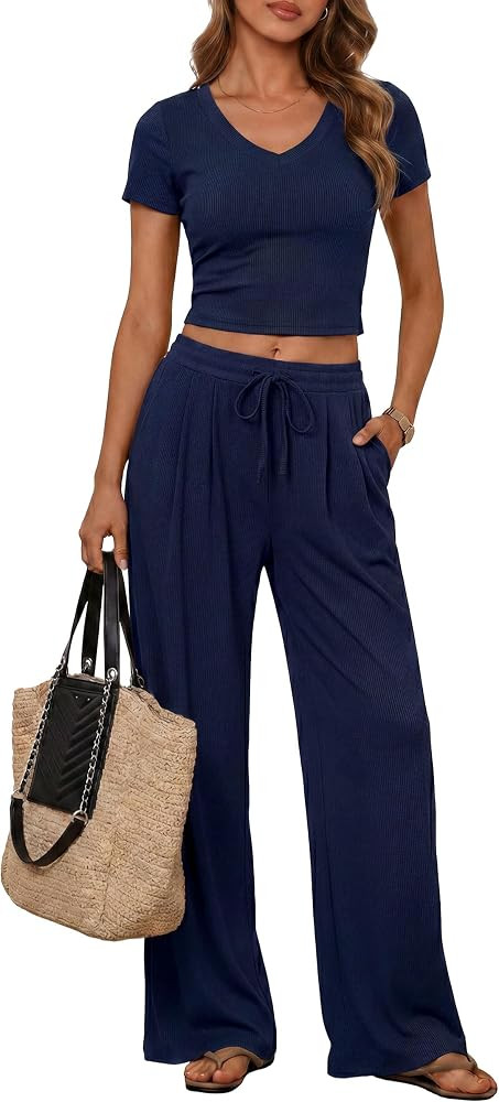PRETTYGARDEN 2 Piece Sets for Women Summer 2026 Spring Lounge Set Matching V Neck Tops Wide Leg P... | Amazon (US)