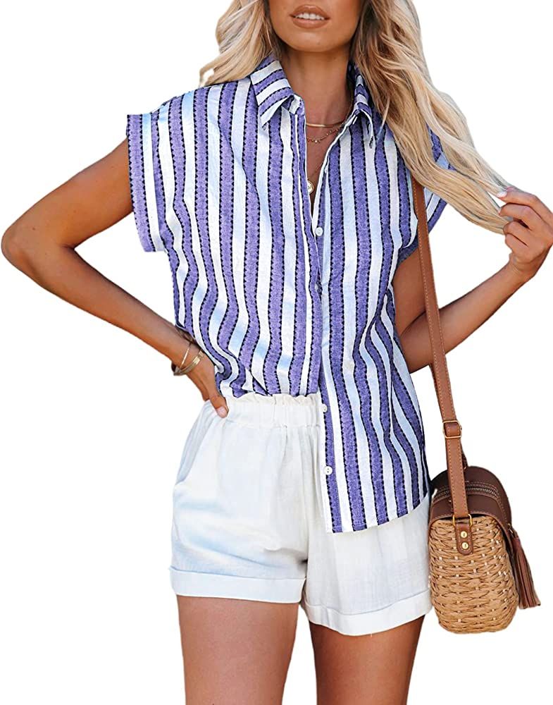 PRETTYGARDEN Women's Short Sleeve Button Down Shirts Striped V Neck Collared Summer Loose Casual Lad | Amazon (US)