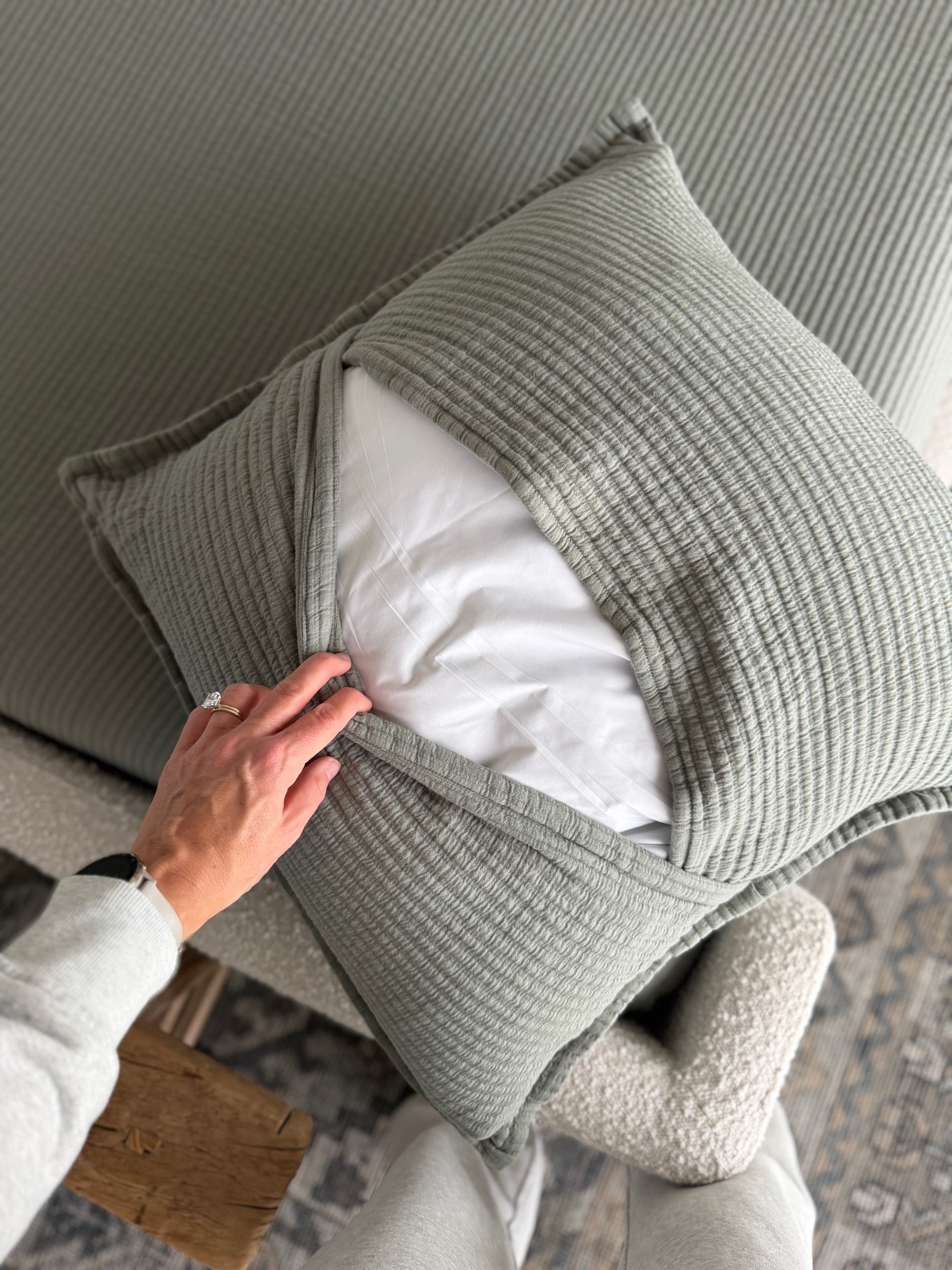 These are the best pillow inserts! Feels like down but it’s a down alternative material. We use these on all our sofa and decor pillows.